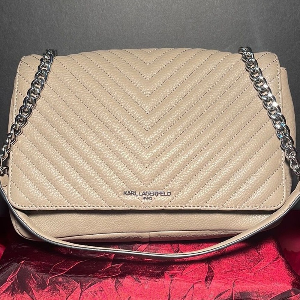 Karl Lagerfeld Brown Quilted Leather Flap Front Chain Strap Shoulder Bag Purse